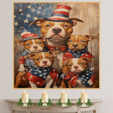 Patriotic Pitbull Dog Family in Stars and Stripes Outfits with Hats and Bandanas Celebrating Fourth of July on Ready to Hang 1.5" Thick Canvas Wrap, Floating Framed Canvas, Flat Rolled Canvas